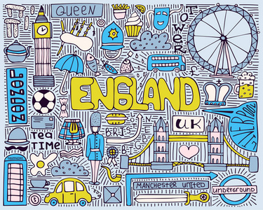 用英国的视觉和符号绘制的手绘涂鸦矢量海报照片