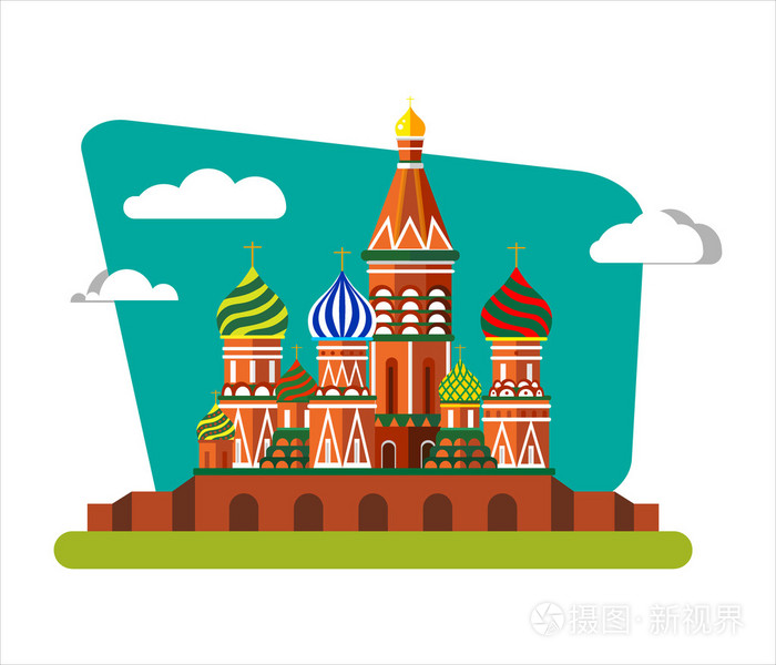 欢迎来到俄罗斯.圣圣大教堂红场-矢量平面插画.景观设计