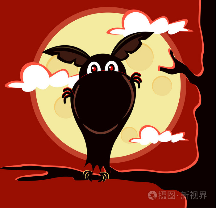 坐在树枝上的蝙蝠.矢量平面卡通插画