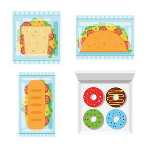 汉堡和甜甜圈平面卡通插图集