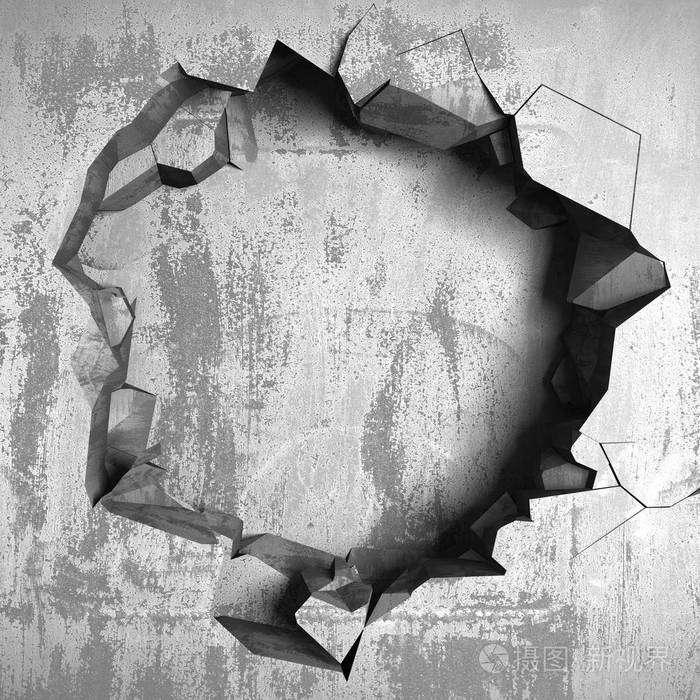 混凝土墙上有暗裂的破洞.垃圾的背景.3d 渲染插图