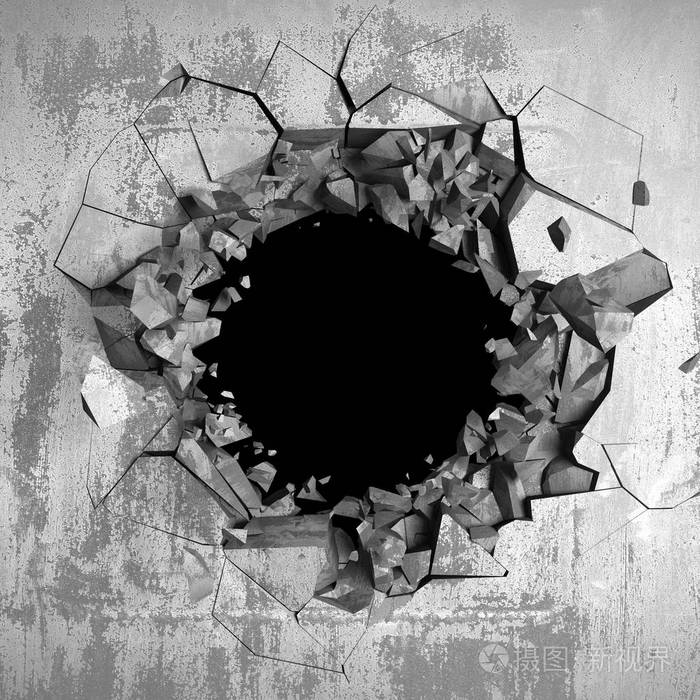混凝土墙上有暗裂的破洞.垃圾的背景.3d 渲染插图