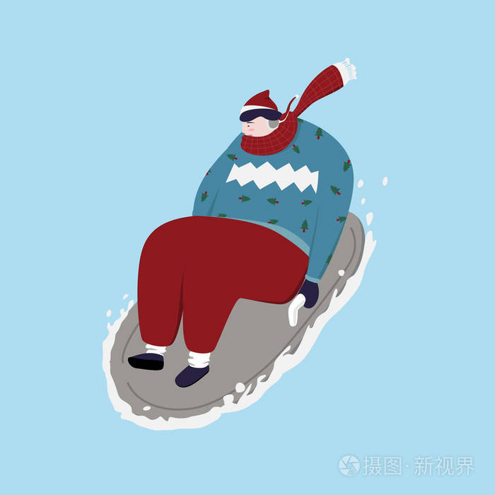 年轻人在雪地里玩雪橇.卡通与插画矢量
