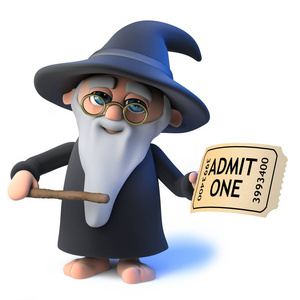 门票卡通3d 渲染一个滑稽的卡通魔法师魔术师字符持有门票入场的节目