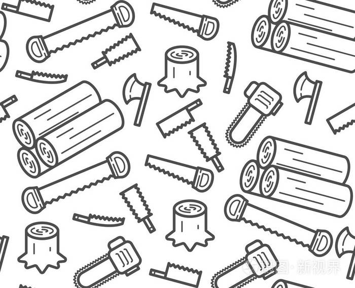 插画 木工设备工具和树桩, 木材符号图标设置无缝图案轮廓描边设计