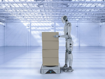 3d 渲染机器人与仓库机器人一起搬运纸板箱
