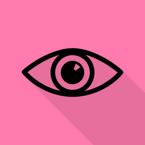眼睛标志图。与平面样式阴影路径在粉红色的背景上的黑色图标