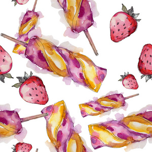 冰淇淋甜的夏天食物。无缝的背景图案。织物墙纸打印纹理。风味糖果收集 巧克力, 草莓, 奶油, 锥形, 冷牛奶小吃