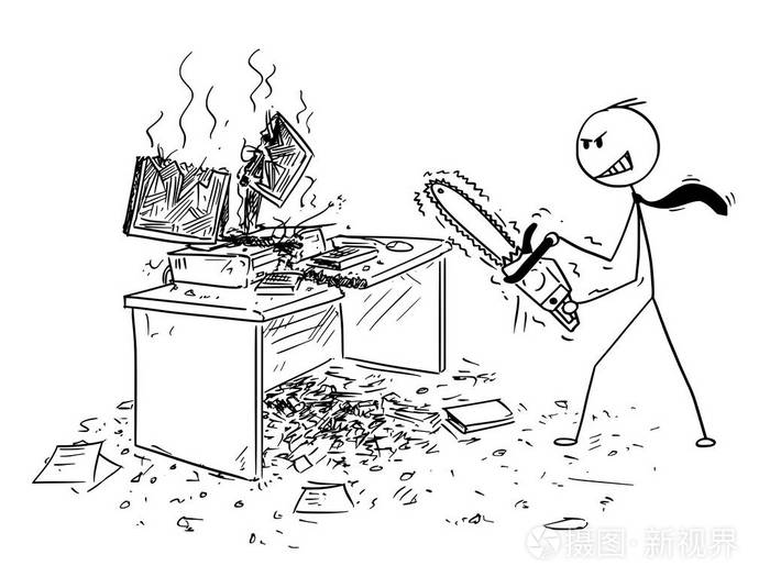 用电锯摧毁电脑和办公桌的愤怒商人卡通片