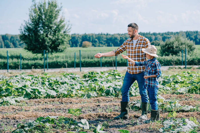 父子在农场播种种子