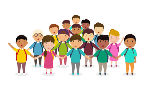 快乐的人群在白色背景的学生彩色无缝图案与卡通露营帐篷页是彩色卡通