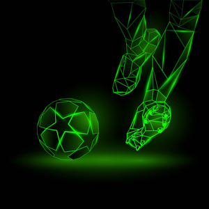 多边形的足球开球插图。足球运动员击球。体育绿色霓虹灯背景