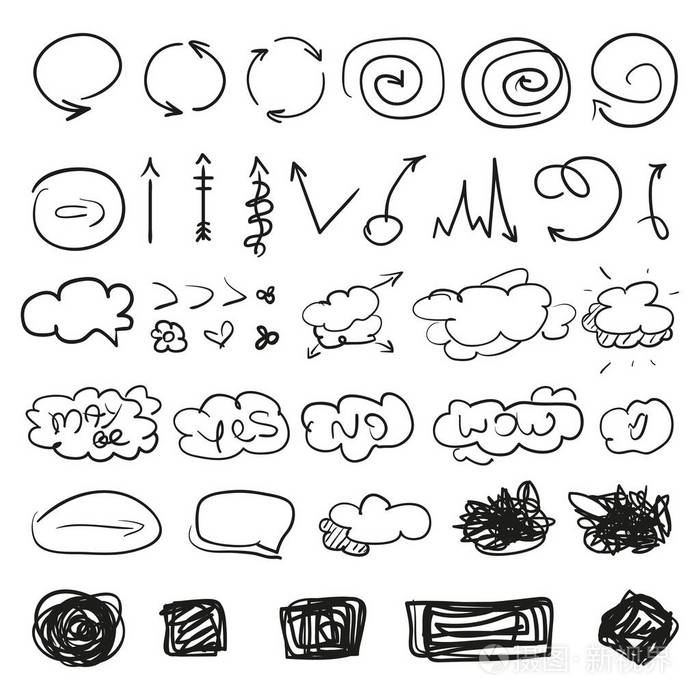 一大组不同的标志.手工绘制的简单符号设计.线条艺术.白色图表元素.抽