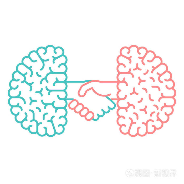 左右脑, 头脑风暴握手概念轮廓笔画平面设计与微笑和愤怒的脸符号插图