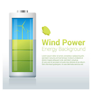 风力发电机组充电电池 矢量 插图与绿色能源概念背景