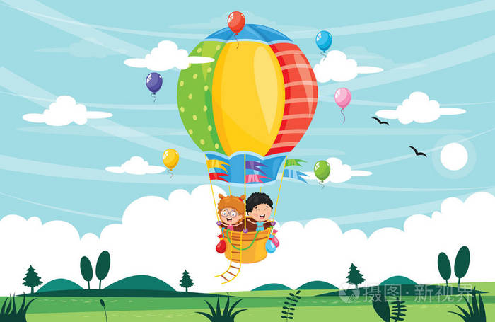 儿童骑热气球的矢量图解