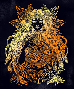 穿着传统斗篷的民族部落萨满女孩美丽的美洲印第安人妇女.