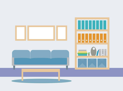 一个起居室的平面设计插图, 有一个座位, 书架上有书和文件夹, 地毯上的咖啡桌和蓝色墙上的图片矢量