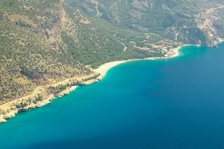 费特希耶, 土耳其全景 Belcekiz 海滩景观。Oludeniz, 蓝色泻湖费特希耶从空中无人机。地中海海岸