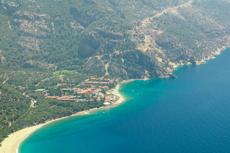 费特希耶, 土耳其全景 Belcekiz 海滩景观。Oludeniz, 蓝色泻湖费特希耶从空中无人机。地中海海岸