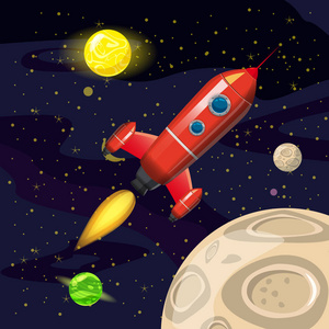 宇宙飞船发射太空火箭发射, 宇宙飞船, 空间背景, 卡通风格, 矢量插图