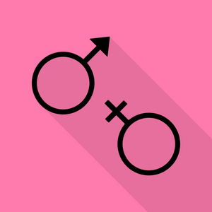 性的象征符号。与平面样式阴影路径在粉红色的背景上的黑色图标