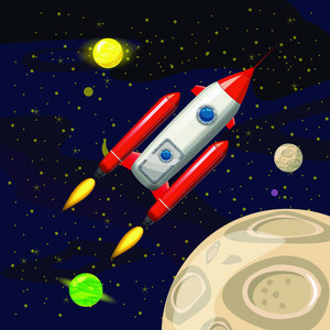 太空火箭发射, 宇宙飞船, 空间背景, 卡通风格, 矢量插图