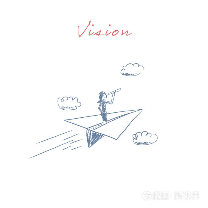 插画 在展望未来通过 monoscope 或望远镜的纸飞机飞的商界女强人.