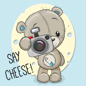 可爱的卡通玩具熊带着照相机上奶酪背景