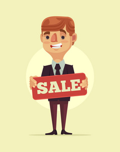 工人人经理性格举行销售板.矢量平面卡通插画照片