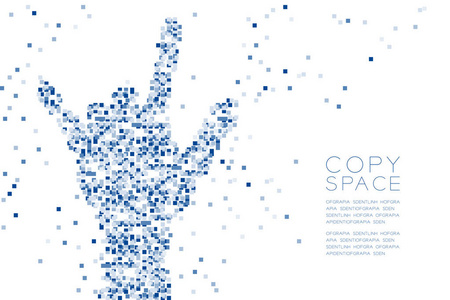 抽象几何方块图案我爱你手形, 符号语言概念设计在白色背景上与复制空间隔离的蓝色插图, 矢量 eps 10