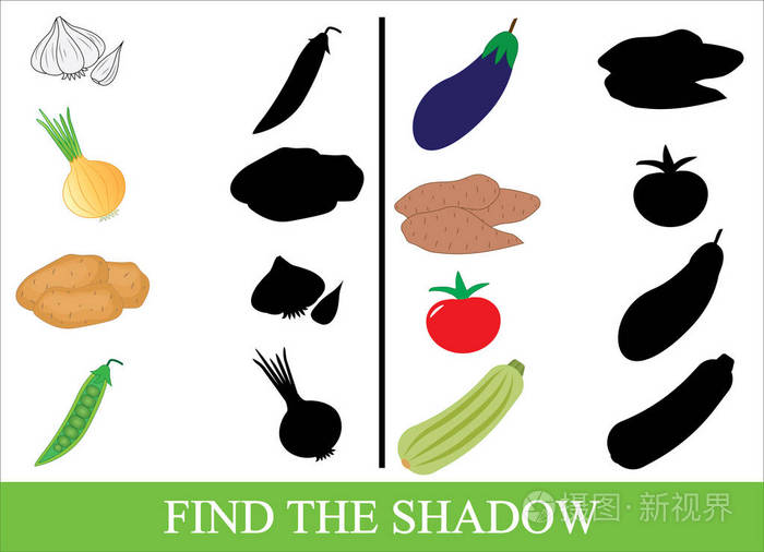 孩子们的教育游戏找到正确的阴影蔬菜矢量插图