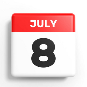7 月 8 日。白色背景上的日历