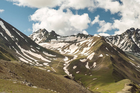 山谷里长满了绿草, 山巅的山坡上有积雪的风景插图背景