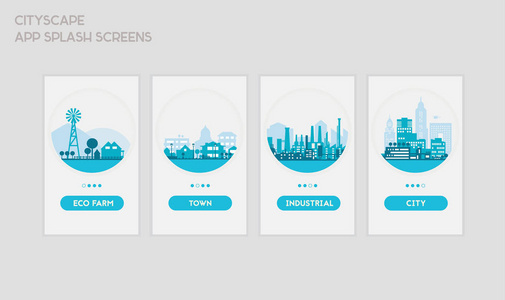 平面设计响应用户界面移动应用程序飞溅屏幕模板与时髦的城市景观。矢量插图