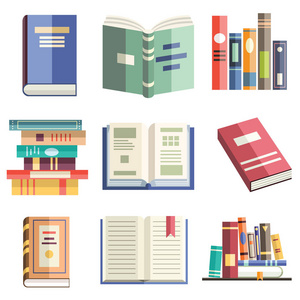 五颜六色的平面风格的图标, 独立的书籍在不同的位置。学习学习教育知识literarure科学和图书馆对象主题