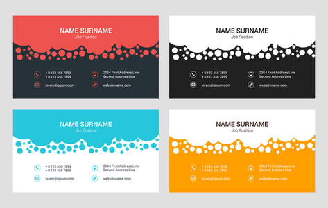 名片矢量模板。平面样式矢量图。文具设计。4 的颜色组合。打印模板
