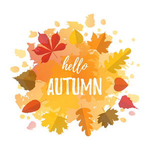 你好秋天版式海报以五颜六色的叶子在平的样式。向量插图与文本的贺卡, 邀请。季节性框架, 边框, 网页横幅模板与水彩背景