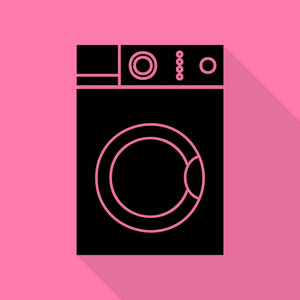清洗机的标志。与平面样式阴影路径在粉红色的背景上的黑色图标
