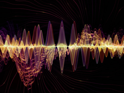 波函数系列。彩色正弦振动, 光和分形元素的组成, 适合作为一个背景的声音均衡器, 音乐频谱和量子概率项目