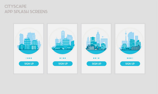 平面设计响应用户界面移动应用程序飞溅屏幕模板与时髦的城市景观插图。矢量插图