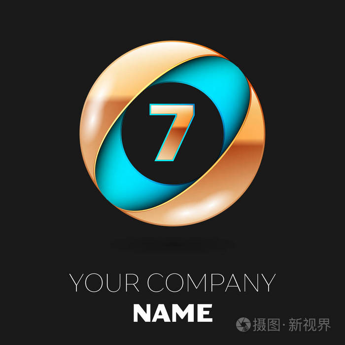 现实的黄金数字七标志符号在蓝色金色的圆圈形状黑色背景.