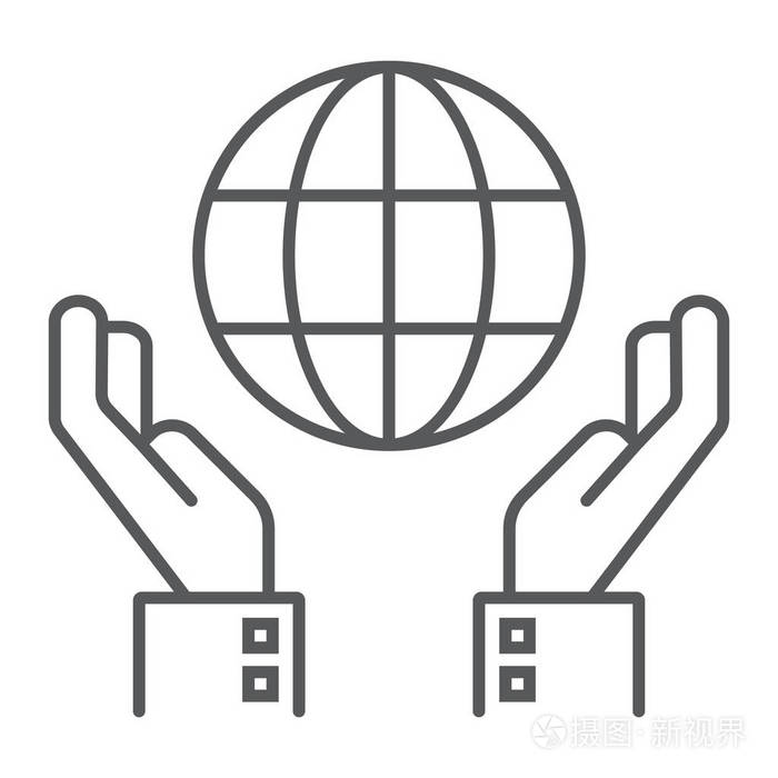 手举地球符号, 矢量图形, 在白色背景上的线性模式, eps 10插画-正版