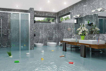 3d. 水淹现代浴室的渲染