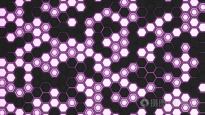 在紫色发光背景下, 由黑色六边形组成的3d 背景。六边形的墙。蜂窝图案。3d 渲染插图