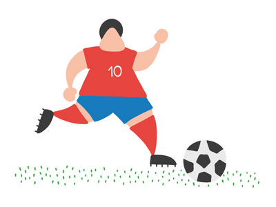 矢量插画卡通足球运动员男子赛跑和运球球在球场上