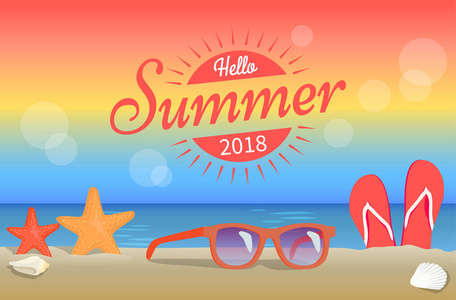 你好夏天2018海报红色太阳镜在海滩上