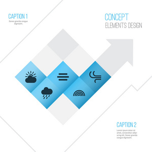 气象图标设置。集合的冲洗，颜色，太阳云和其他元素。此外包括符号，如雾，雨，天气