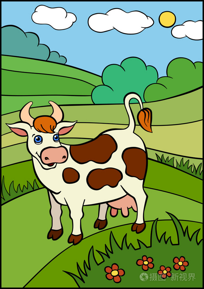 可爱的奶牛站和微笑