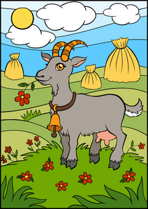 孩子们的卡通农场动物。可爱的山羊站和持有花